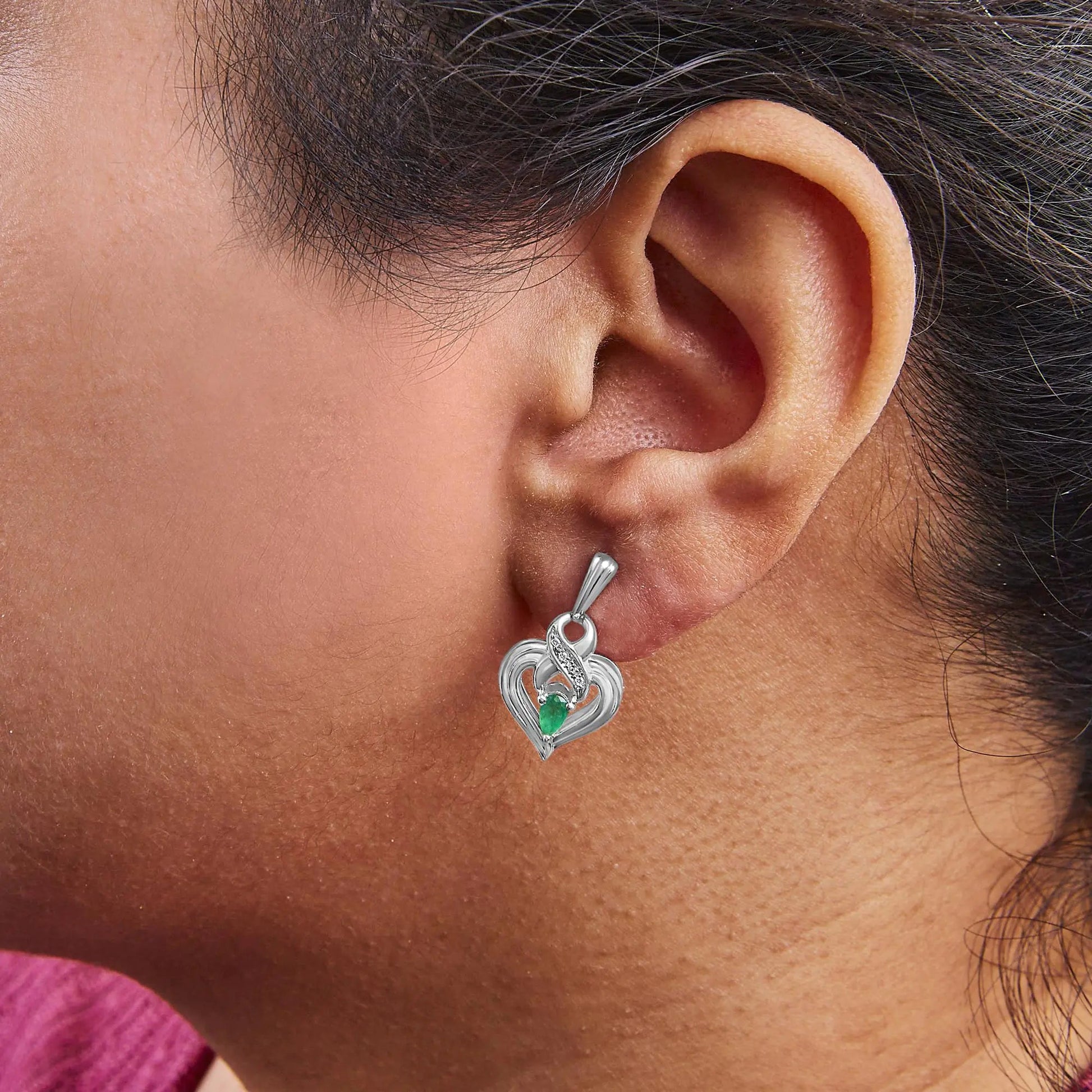 .925 Sterling Silver 5x3mm Pear Emerald Gemstone with Diamond Accent Heart Dangle Stud Earrings (H-I Color, SI1-SI2 Clarity) WEM Support (www.WEM.support)