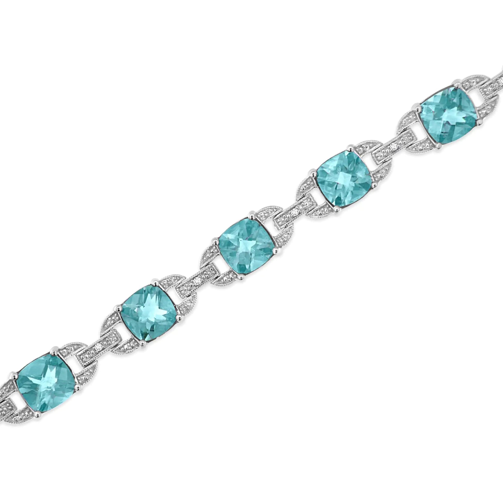 .925 Sterling Silver 7x7 mm Cushion Cut Blue Topaz and 1/20 cttw Round Cut Diamond Fashion Tennis Bracelet (I-J Color, I1-I2 Clarity) - 7" WEM Support (www.WEM.support)