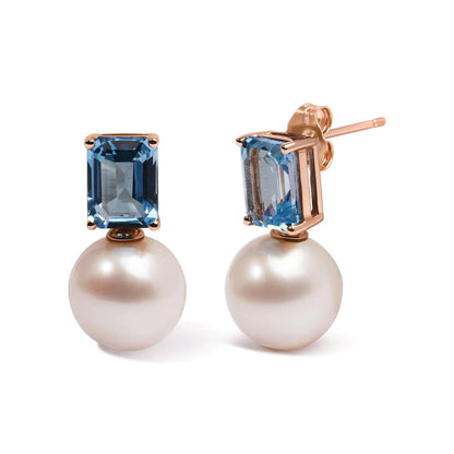 14K Rose Gold 10MM Cultured Freshwater Pearl and 8x6mm Octagon Swiss Blue Topaz Drop Earrings WEM Support (www.WEM.support)