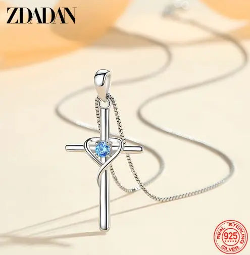 ZDADAN 925 Silver Blue Zircon Cross Pendant Necklace for Women WEM Support (www.WEM.support)