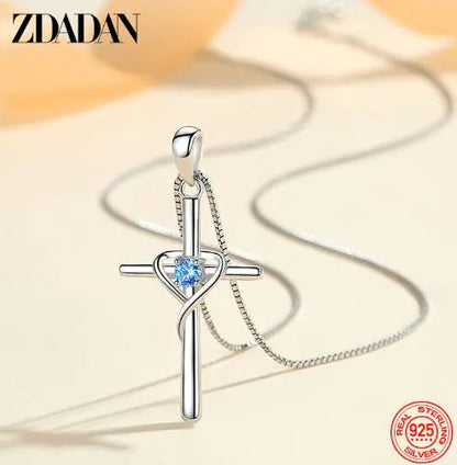 ZDADAN 925 Silver Blue Zircon Cross Pendant Necklace for Women WEM Support (www.WEM.support)