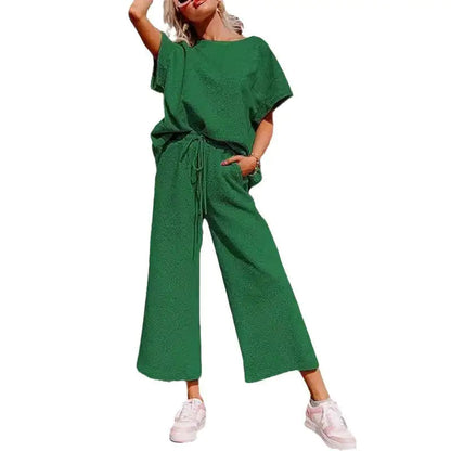 Solid Color Texture Casual Fashion Women's Wear Short-sleeved Trousers Two-piece Set WEM Support (www.WEM.support)