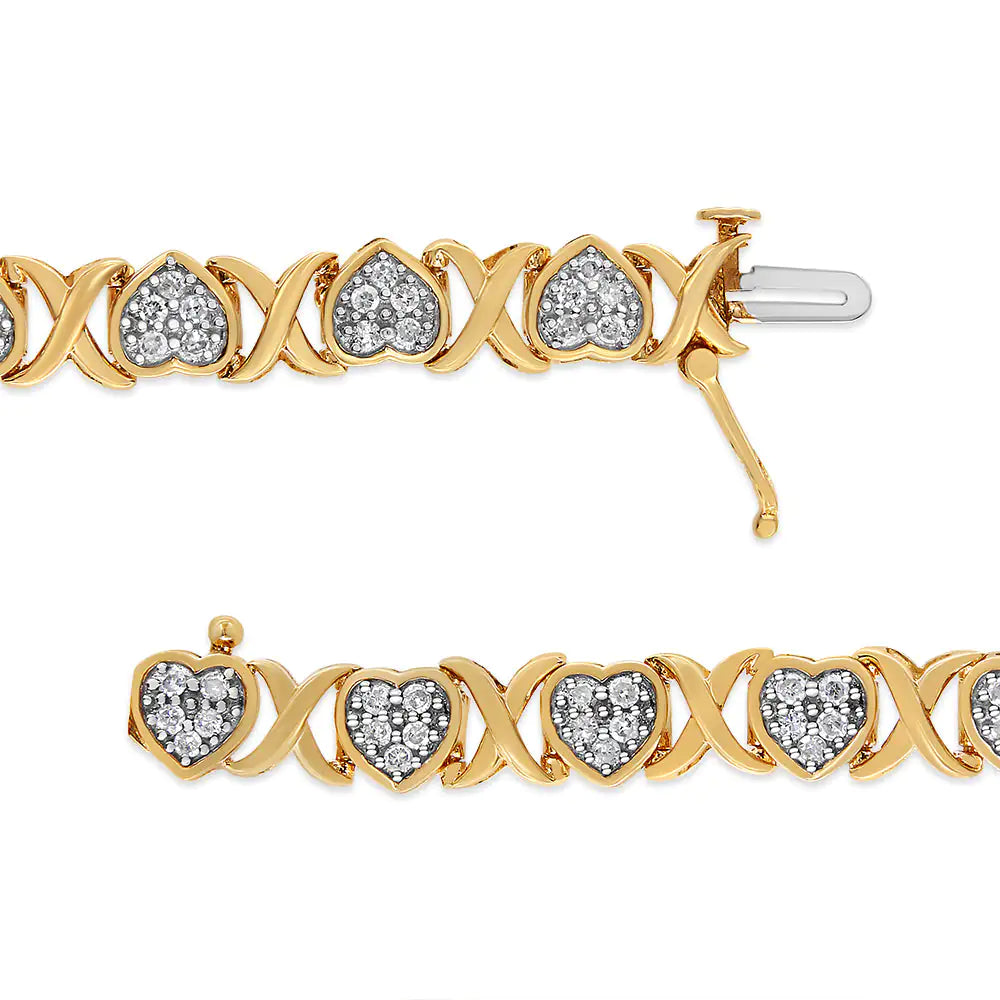 14KY Yellow Gold Plated .925 Sterling Silver 1.00 Cttw Diamond Heart and X Link Bracelet (I-J Color, I3 Clarity) - 7.25" Inches WEM Support (www.WEM.support)