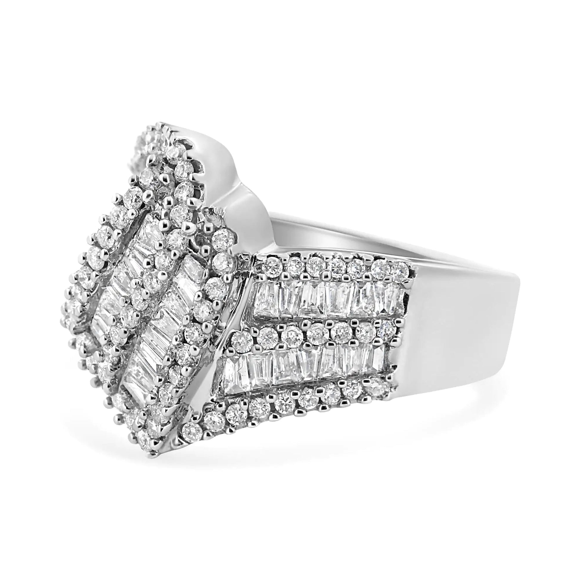 14K White Gold 1-1/2 Cttw Round and Baguette Diamond Bypass Cocktail Ring Band (H-I Color, SI1-SI2 Clarity) WEM Support (www.WEM.support)
