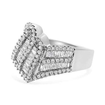 14K White Gold 1-1/2 Cttw Round and Baguette Diamond Bypass Cocktail Ring Band (H-I Color, SI1-SI2 Clarity) WEM Support (www.WEM.support)