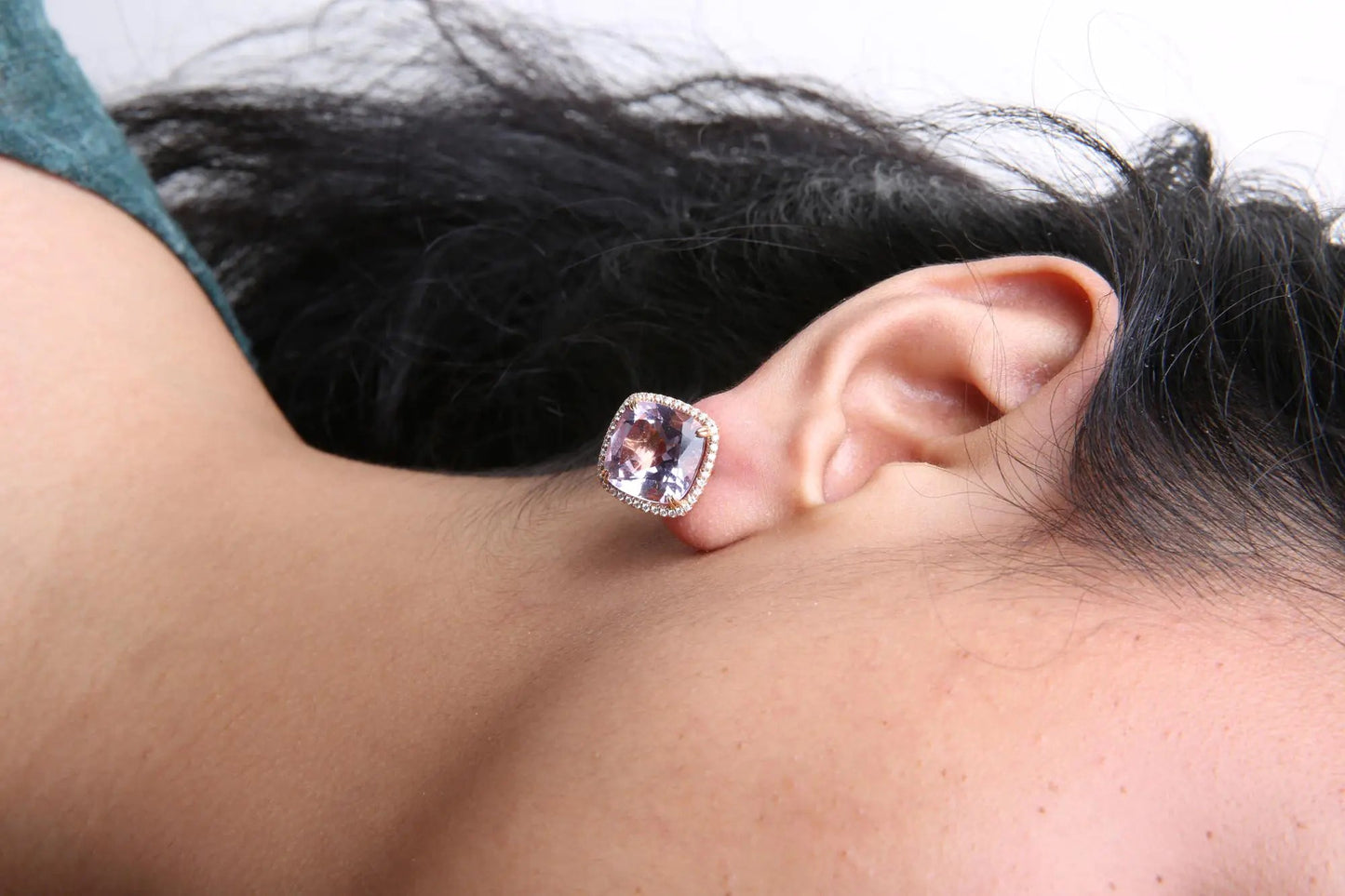 18K Rose and White Gold 9/10 Cttw Round Diamond and 15mm Cushion Cut Rose De France Pink Amethyst Gemstone Clip On Stud Earring (G-H Color, SI1-SI2 Clarity) WEM Support (www.WEM.support)