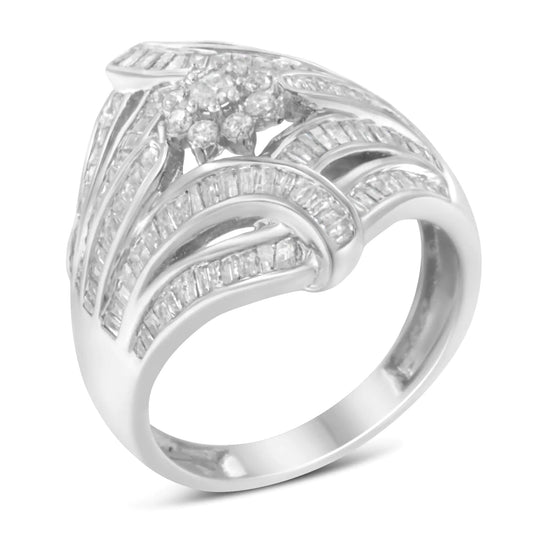 .925 Sterling Silver 1-1/8 Cttw Round & Baguette Diamond 'Flower & Fern' Cluster Cocktail Fashion Ring (I-J Color, I2-I3 Clarity) WEM Support (www.WEM.support)