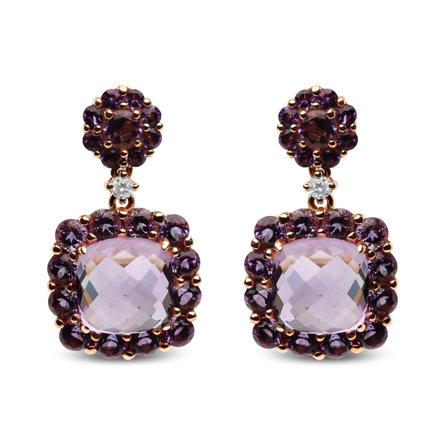 18K Rose Gold Diamond Accent and Pink and Purple Amethyst Gemstone Halo Dangle Drop Earrings (G-H Color, SI1-SI2 Clarity) WEM Support (www.WEM.support)