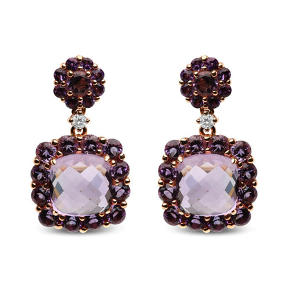 18K Rose Gold Diamond Accent and Pink and Purple Amethyst Gemstone Halo Dangle Drop Earrings (G-H Color, SI1-SI2 Clarity) WEM Support (www.WEM.support)
