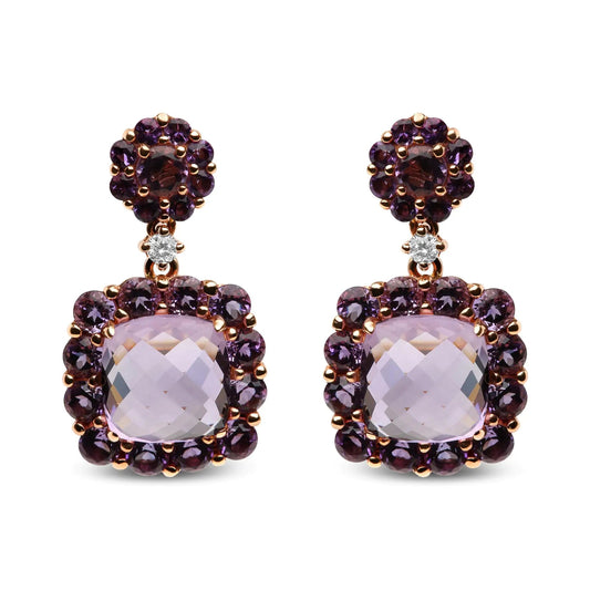 18K Rose Gold Diamond Accent and Pink and Purple Amethyst Gemstone Halo Dangle Drop Earrings (G-H Color, SI1-SI2 Clarity) WEM Support (www.WEM.support)