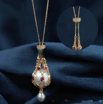 Pearl Gemstone Lavalier Pendant Necklace with Metal Net Bag WEM Support (www.WEM.support)