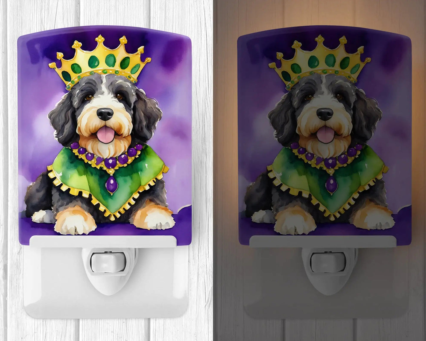 Bernedoodle King of Mardi Gras Ceramic Night Light WEM Support (www.WEM.support)