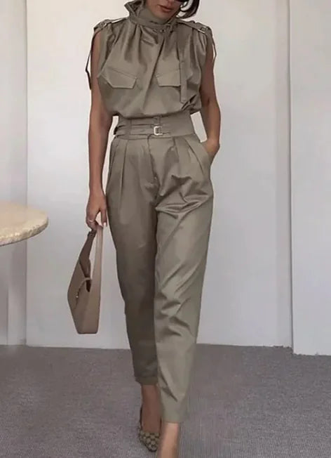 Waist-Slimming Belt Blouse & Pants