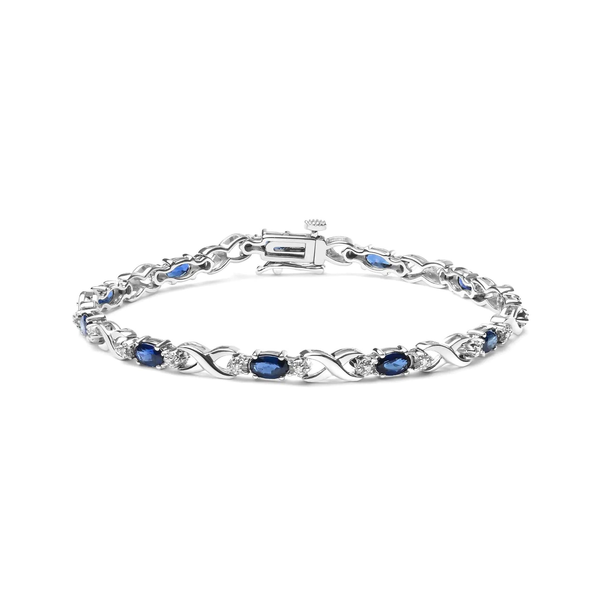 10K White Gold 5x4mm Oval Sapphire Gemstone and 1/10 Cttw Diamond Prong Set "X" Link Bracelet - Size 7" (H-I Color, SI1-SI2 Clarity) WEM Support (www.WEM.support)