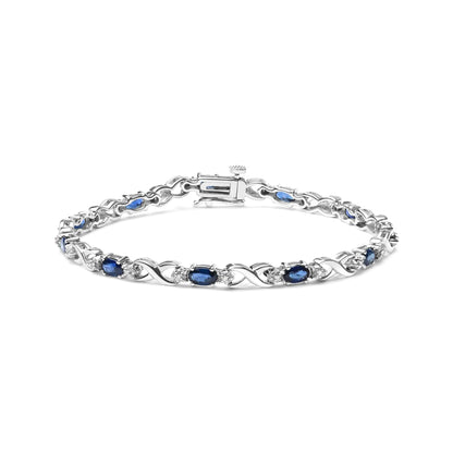 10K White Gold 5x4mm Oval Sapphire Gemstone and 1/10 Cttw Diamond Prong Set "X" Link Bracelet - Size 7" (H-I Color, SI1-SI2 Clarity) WEM Support (www.WEM.support)