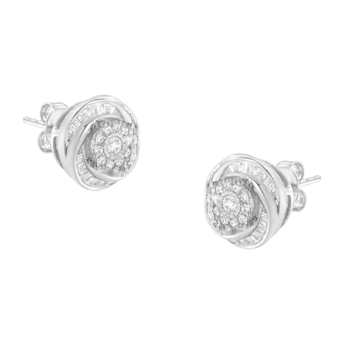 Boucles d'oreilles clous Love Knot en argent sterling .925 avec diamants ronds et baguettes 3/4 Cttw (Couleur I-J, Clarté I2-I3) WEM Support (www.WEM.support)