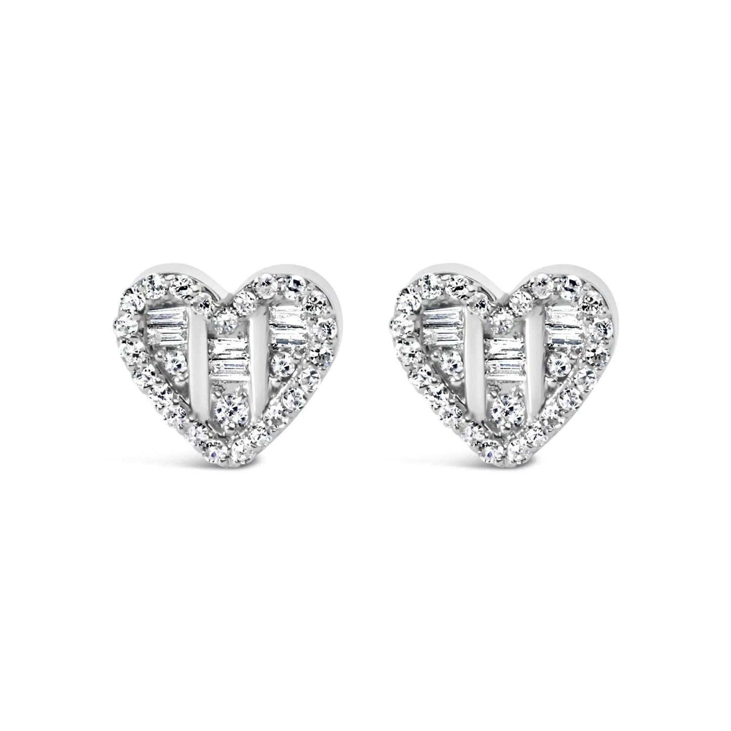 .925 Sterling Silver 1/2 Cttw Round and Baguette Diamond Composite Heart Shaped Stud Earring (I-J Color, SI2-I1 Clarity) WEM Support (www.WEM.support)