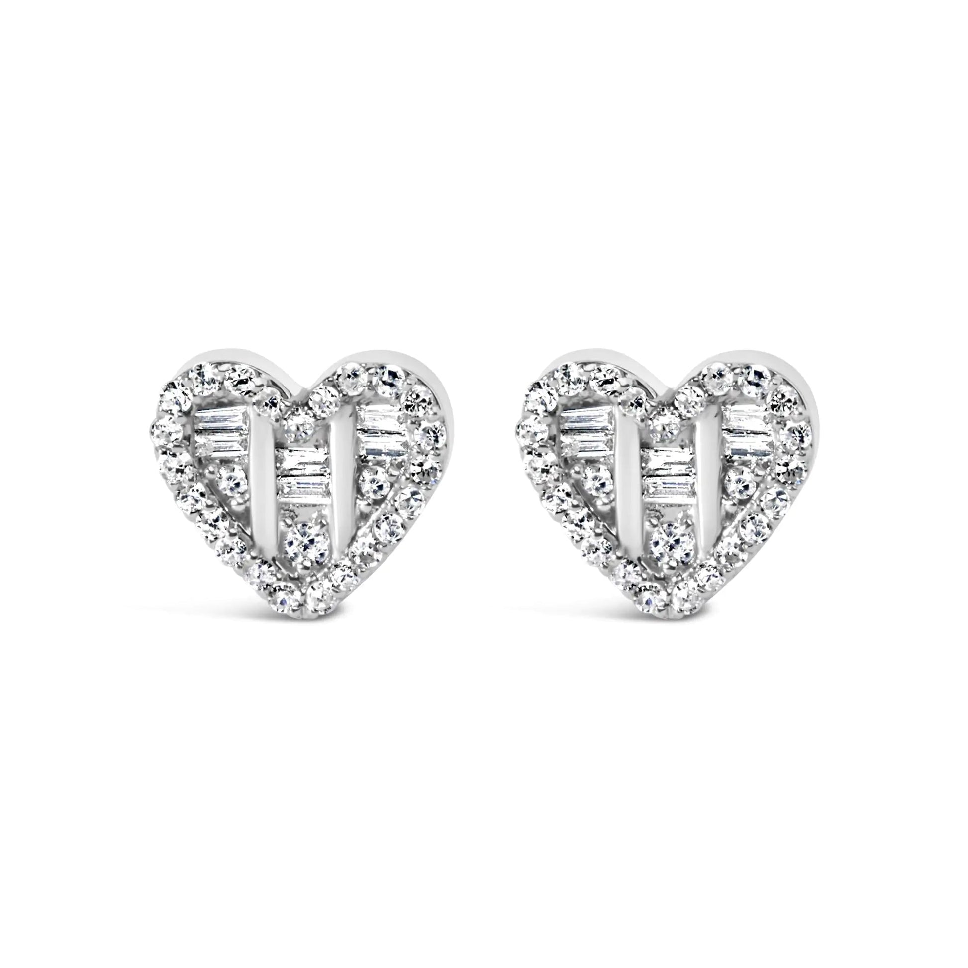 .925 Sterling Silver 1/2 Cttw Round and Baguette Diamond Composite Heart Shaped Stud Earring (I-J Color, SI2-I1 Clarity) WEM Support (www.WEM.support)
