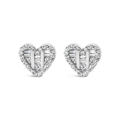 .925 Sterling Silver 1/2 Cttw Round and Baguette Diamond Composite Heart Shaped Stud Earring (I-J Color, SI2-I1 Clarity) WEM Support (www.WEM.support)