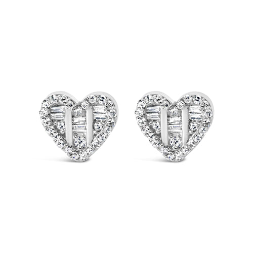 .925 Sterling Silver 1/2 Cttw Round and Baguette Diamond Composite Heart Shaped Stud Earring (I-J Color, SI2-I1 Clarity) WEM Support (www.WEM.support)