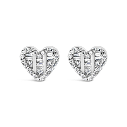 .925 Sterling Silver 1/2 Cttw Round and Baguette Diamond Composite Heart Shaped Stud Earring (I-J Color, SI2-I1 Clarity) WEM Support (www.WEM.support)