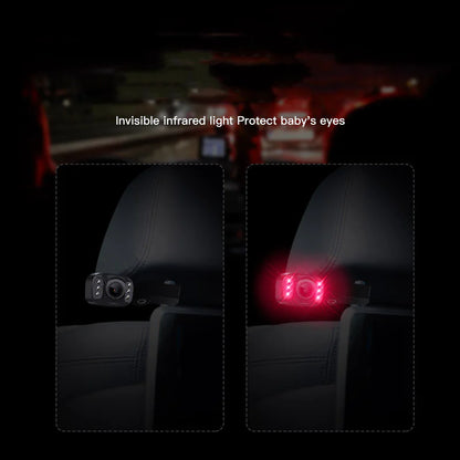 A 5-inch AHD baby car monitor with infrared night vision camera, showing a view of a car seat with the invisible infrared light protect baby's eyes.