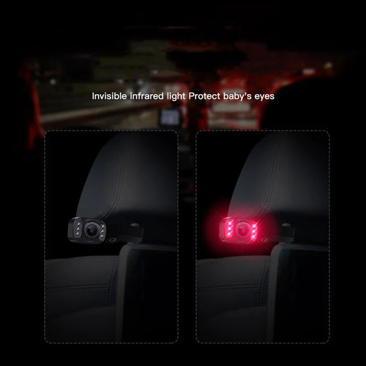 A 5-inch AHD baby car monitor with infrared night vision camera, showing a view of a car seat with the invisible infrared light protect baby's eyes.
