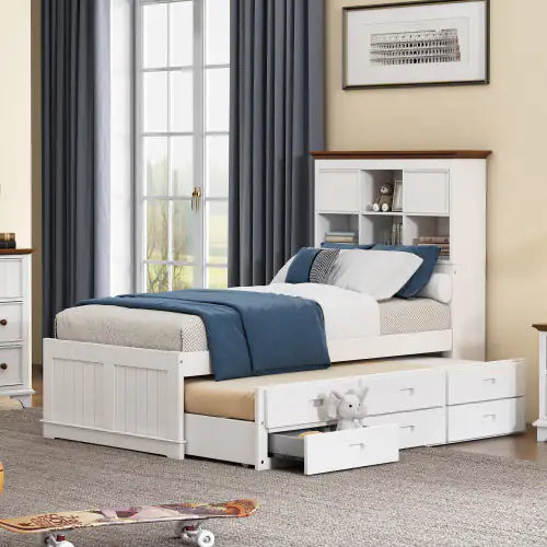 Solid Pine Captain Bookcase Bed With Trundle Bed And 3 Spacious Under Bed Drawers In Casual,Twin, White Walnut WEM Support (www.WEM.support)