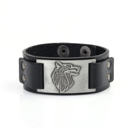 Vintage Wide Leather Woven Wolf Head Bracelet WEM Support (www.WEM.support)
