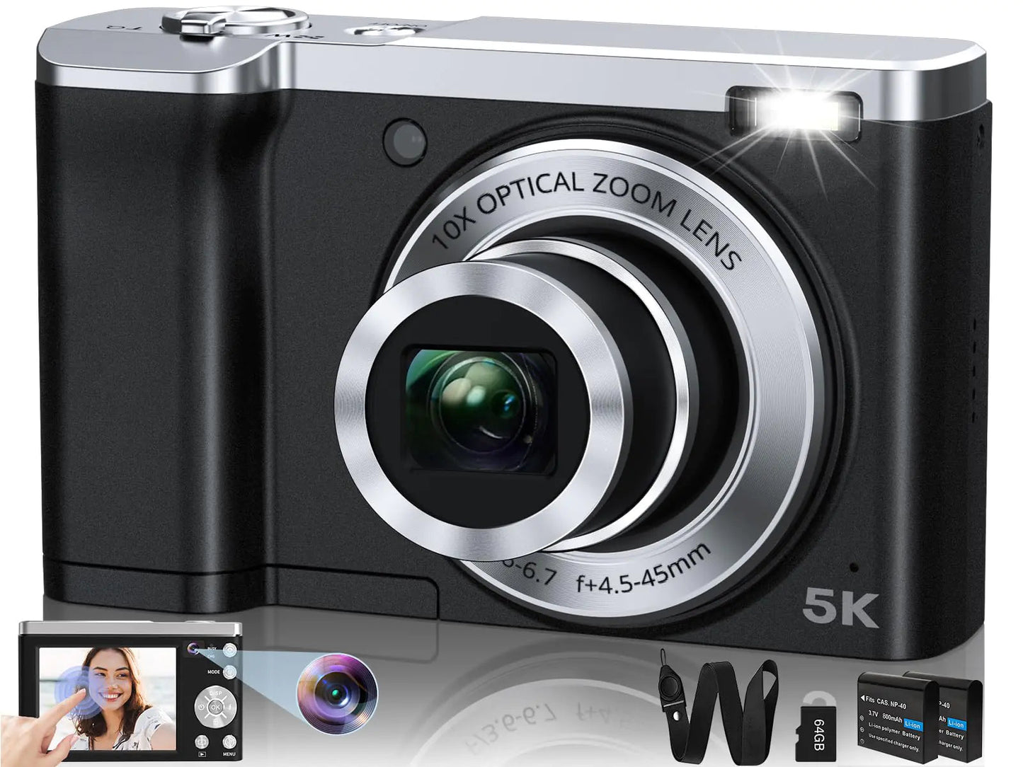 5K Digital Camera 56MP Cameras for Photography Autofocus10X Optical Zoom Vlogging Compact Camera with Front and Rear Camera6 - Axis Anti - ShakeTouch Screen with 64GB SD Card2 Batteries - Catch Cards