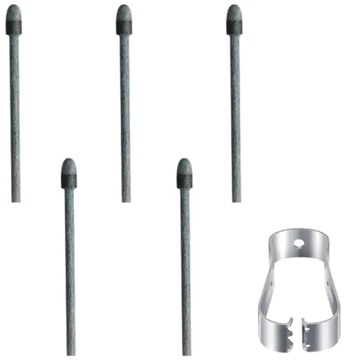 A set of five gray pen tips, replacement nibs for a stylus, displayed alongside a metal installation tool.