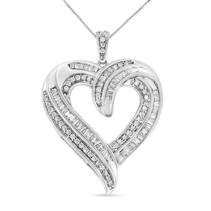 .925 Sterling Silver 3/4 Cttw Round and Baguette-Cut Diamond Open Heart 18" Pendant Necklace (I-J Color, I2-I3 Clarity) WEM Support (www.WEM.support)