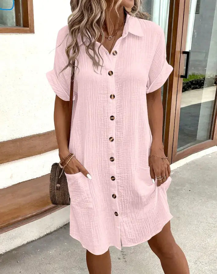 Summer Short Sleeve Shirt Dress Fashion Solid Color Single-breasted Mid-length Loose Dress WEM Support (www.WEM.support)