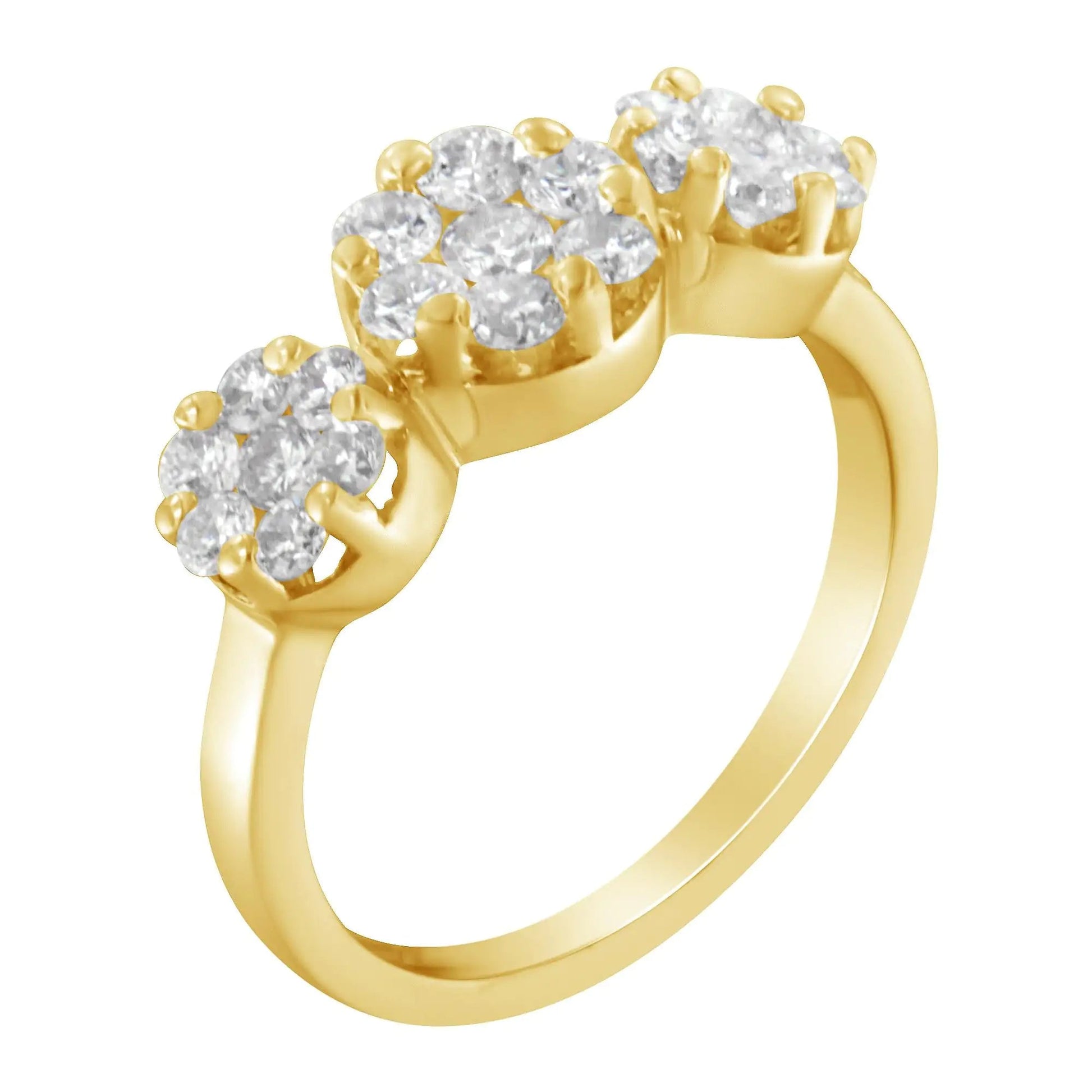14K Yellow Gold 1-1/4 Cttw Brilliant Cut Diamond Three Round Floral Clusters Engagement or Fashion Ring (H-I Color, SI2-I1 Clarity) WEM Support (www.WEM.support)