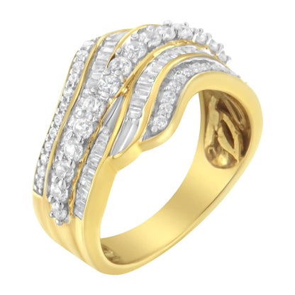 10K Yellow Gold 1.0 Cttw Baguette and Round Diamond Multi-Row Wave Bypass Ring (I-J Color, I1-I2 Clarity) WEM Support (www.WEM.support)