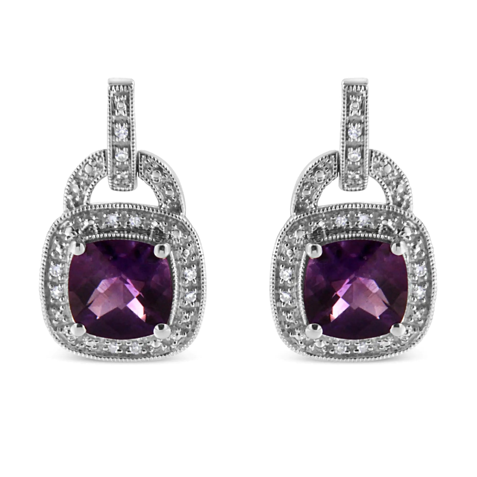 .925 Sterling Silver 8MM Natural Cushion Shaped Amethyst and Diamond Accent Halo with Push Back Dangle Earrings (I-J Color, I2-I3 Clarity) WEM Support (www.WEM.support)