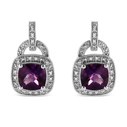 .925 Sterling Silver 8MM Natural Cushion Shaped Amethyst and Diamond Accent Halo with Push Back Dangle Earrings (I-J Color, I2-I3 Clarity) WEM Support (www.WEM.support)
