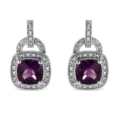 .925 Sterling Silver 8MM Natural Cushion Shaped Amethyst and Diamond Accent Halo with Push Back Dangle Earrings (I-J Color, I2-I3 Clarity) WEM Support (www.WEM.support)