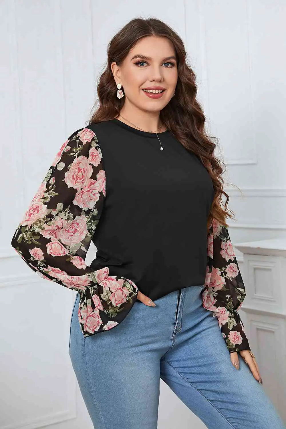 Plus Size Floral Flounce Sleeve Blouse- WEM Support (www.WEM.support)