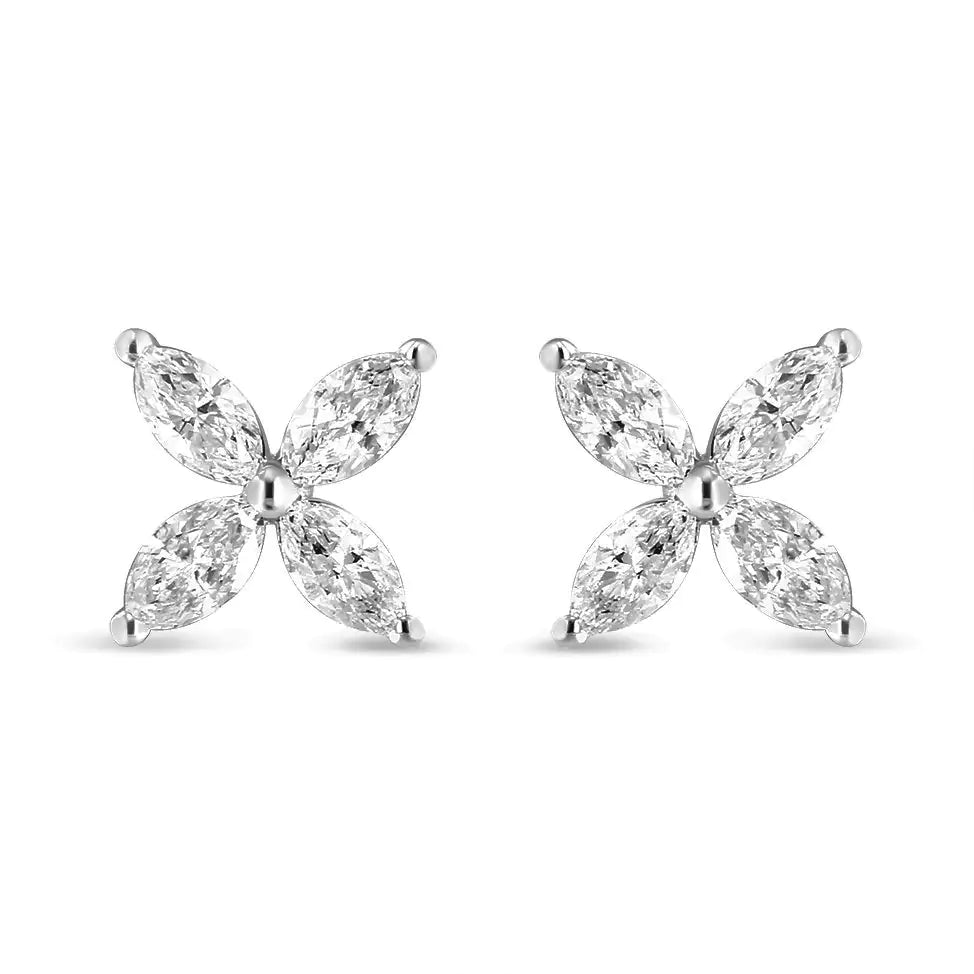 14K White Gold 1.0 Cttw Marquise Diamond 8 Stone Floral Leaf Stud Earrings (H-I Color, SI2-I1 Clarity) WEM Support (www.WEM.support)