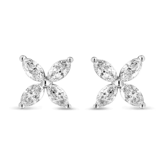 14K White Gold 1.0 Cttw Marquise Diamond 8 Stone Floral Leaf Stud Earrings (H-I Color, SI2-I1 Clarity) WEM Support (www.WEM.support)