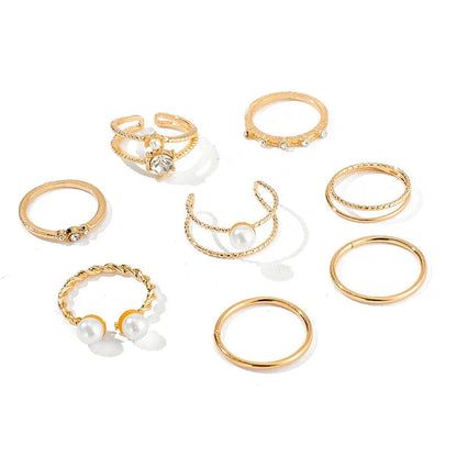 Gold Geometric Ring Set with Pearls and Crystals WEM Support (www.WEM.support)