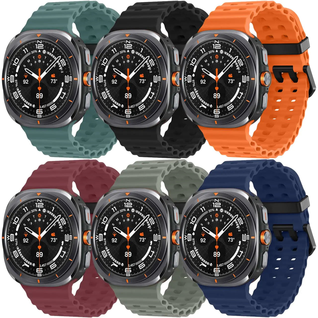 A collection of six smart watches with black bands and digital displays, arranged in two rows with the bands in different colors: black, blue, orange, gray, and beige.