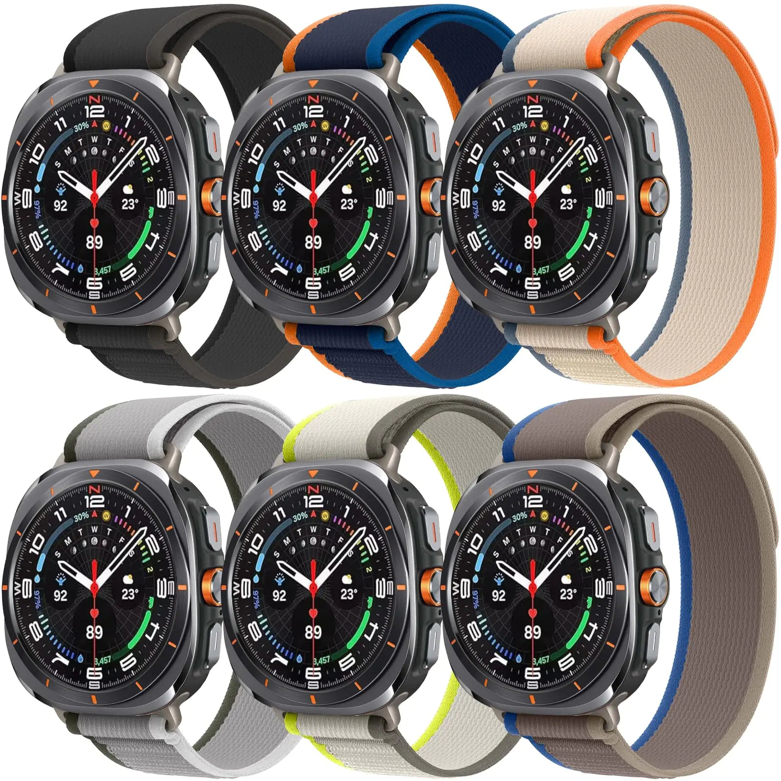 A collection of six smart watches with black bands and digital displays, arranged in two rows with the bands in different colors: black, blue, orange, gray, and beige.