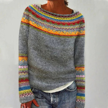 Women's Multicolor Round Neck Loose Knit Sweater WEM Support (www.WEM.support)
