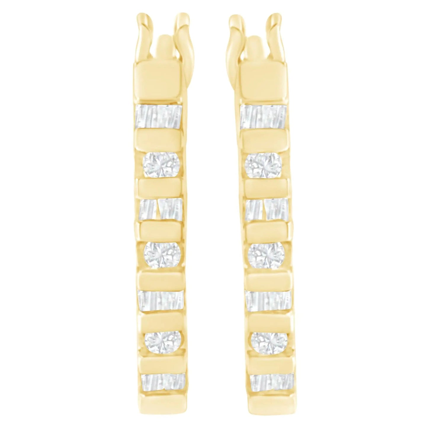 10K Yellow Gold Round and Baguette Cut Diamond Oblong Hinged Leverback Hoop Earrings (¼ Cttw, I-J Color, I2-I3 Clarity) WEM Support (www.WEM.support)