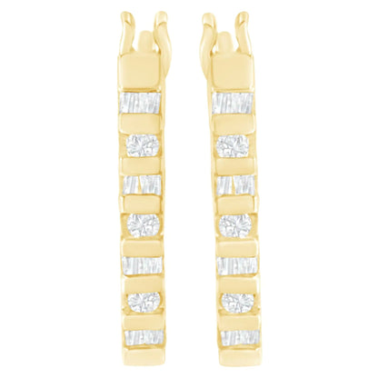 10K Yellow Gold Round and Baguette Cut Diamond Oblong Hinged Leverback Hoop Earrings (¼ Cttw, I-J Color, I2-I3 Clarity) WEM Support (www.WEM.support)