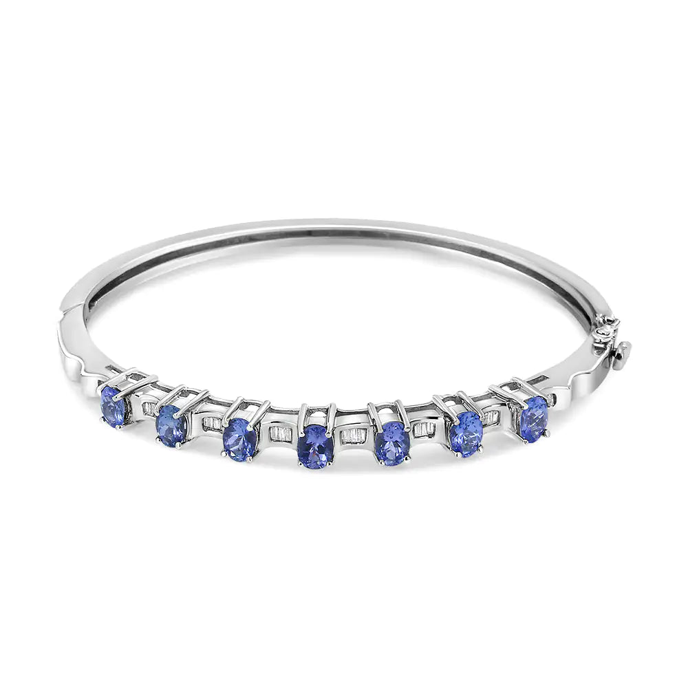14K White Gold 5 MM Oval Blue Tanzanite and 1/4 Cttw Diamond Bangle (H-I Color, VS2-SI1 Clarity) - Fits wrists up to 7 1/2 Inches WEM Support (www.WEM.support)