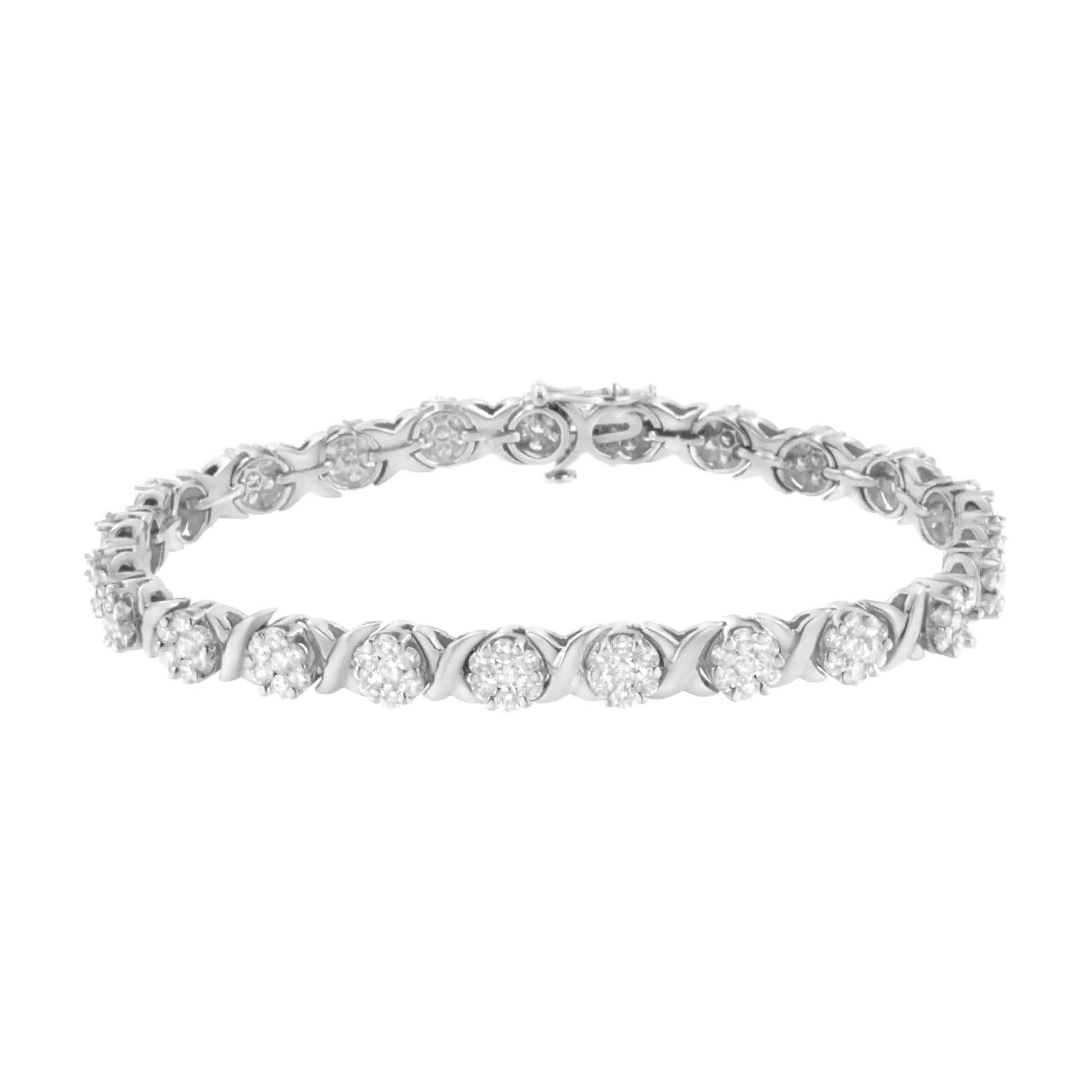 14K White Gold 4 7/8 Cttw Round Brilliant-Cut Diamond Round Cluster & X-Link 7" Tennis Bracelet (I-J Color, SI2-I1 Clarity) WEM Support (www.WEM.support)