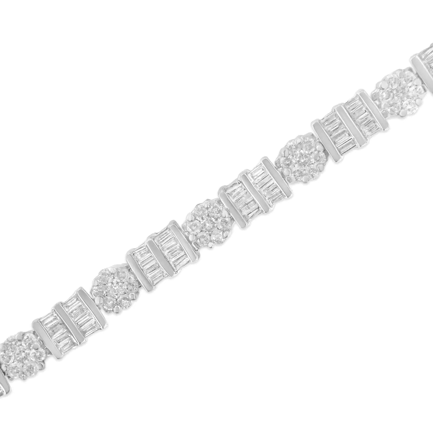14K Gold 3-3/8 Cttw Round & Baguette-Cut Diamond Cluster Alternating Station 7" Tennis Bracelet (H-I Color, I1-I2 Clarity) WEM Support (www.WEM.support)